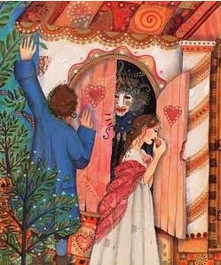 Hansel and Gretel peering in at the witch’s house, illustrated by Jane Ray