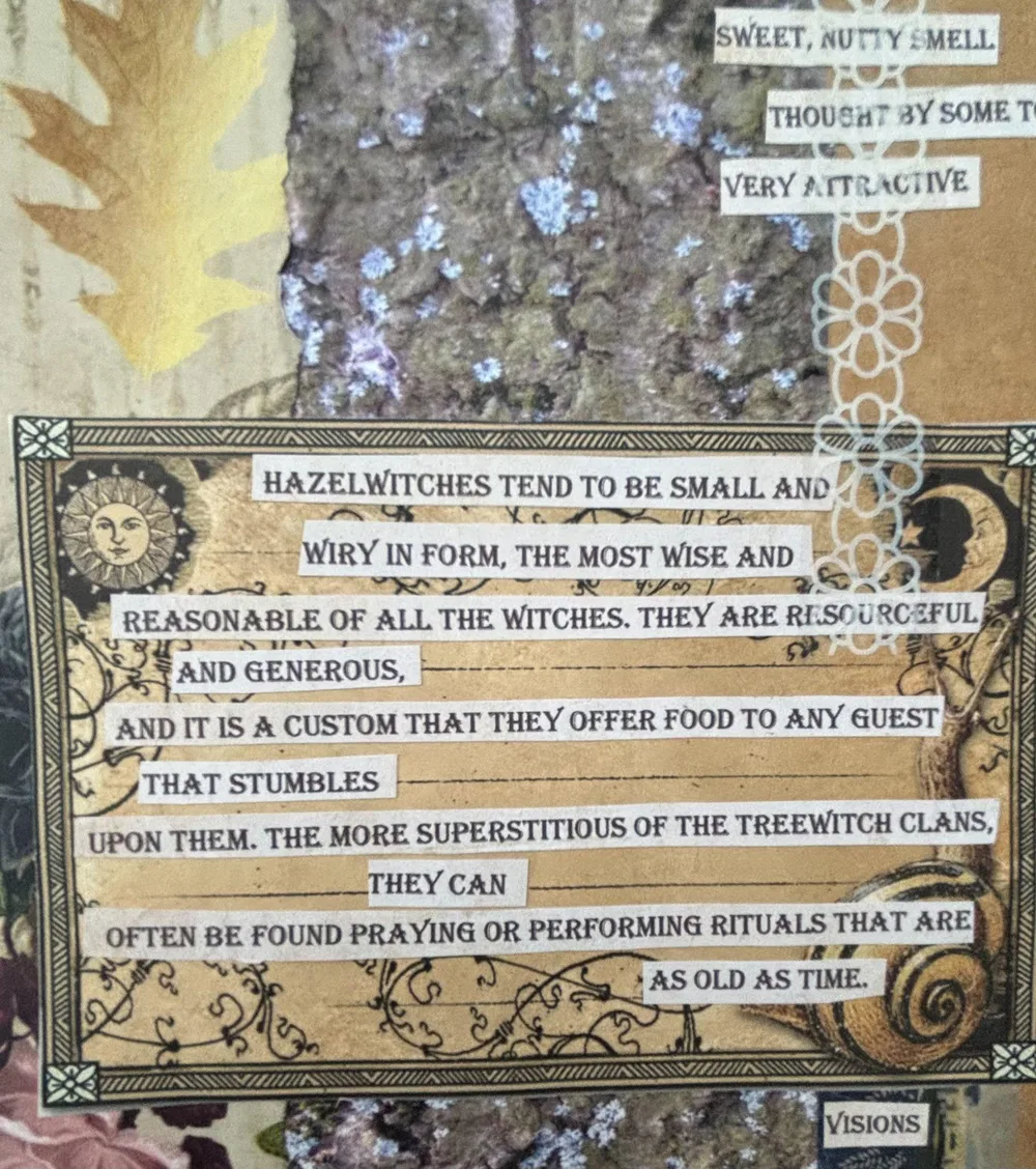 A scrapbook page describing the hazelwitches, set against a photograph of lichen-covered bark and a golden oak leaf