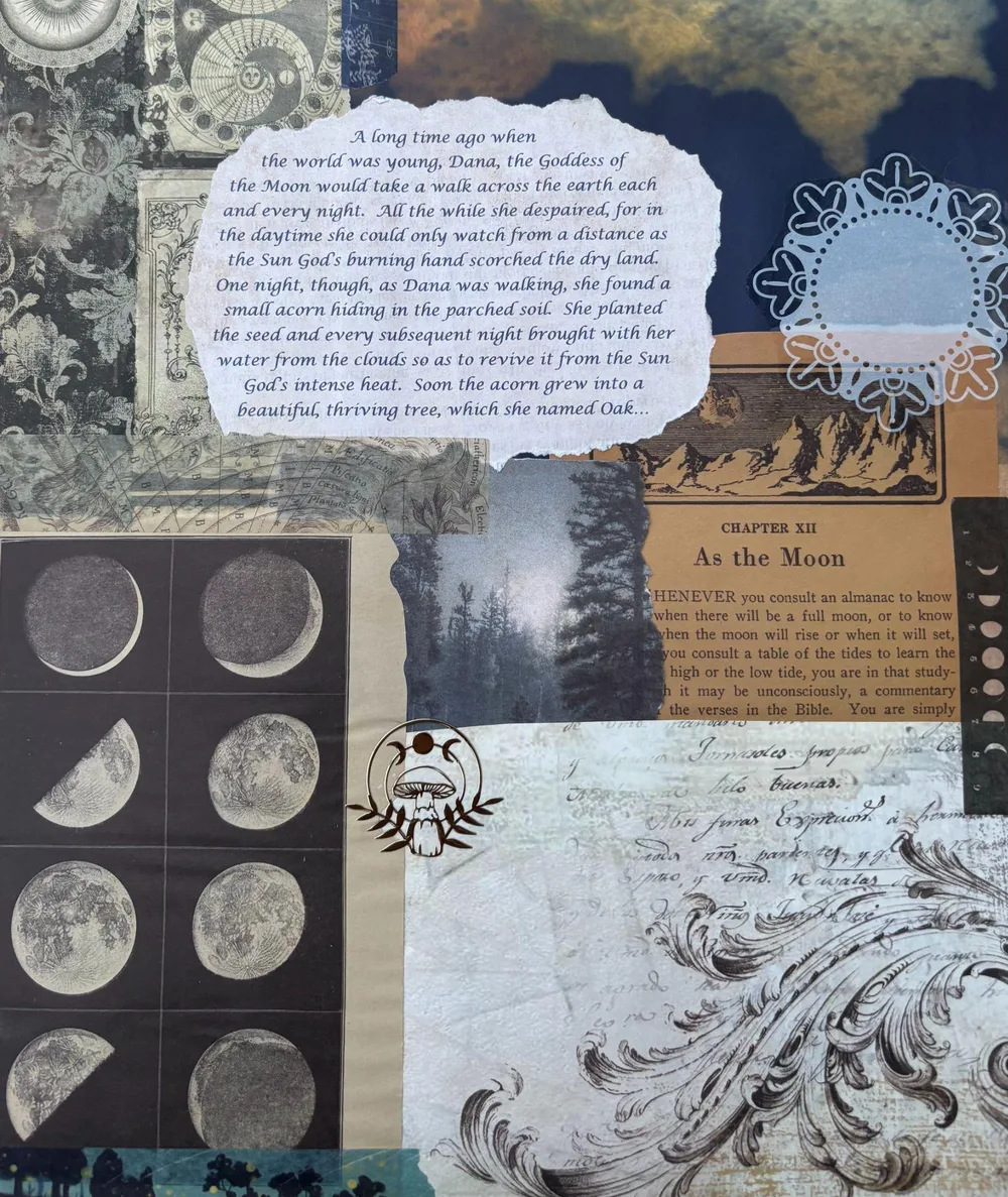 A scrapbook page about Dana, Goddess of the Moon, with phases of the moon, a forest photograph and a page headed As the Moon